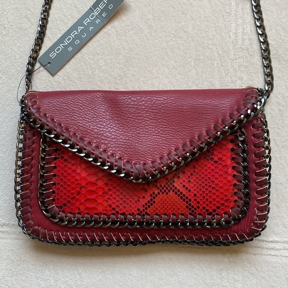 SONDRA ROBERTS SQUARED Flap Purse, Rusty Red, Adjustable Strap Inside Zip Pocket - Picture 4 of 13